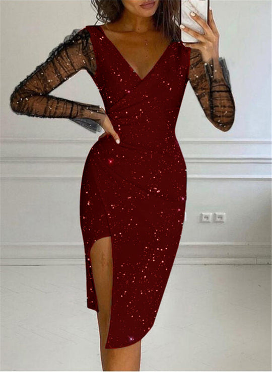 Damen elegantes Abendkleid mit transparenten Ärmeln und seitlichem Schlitz EB