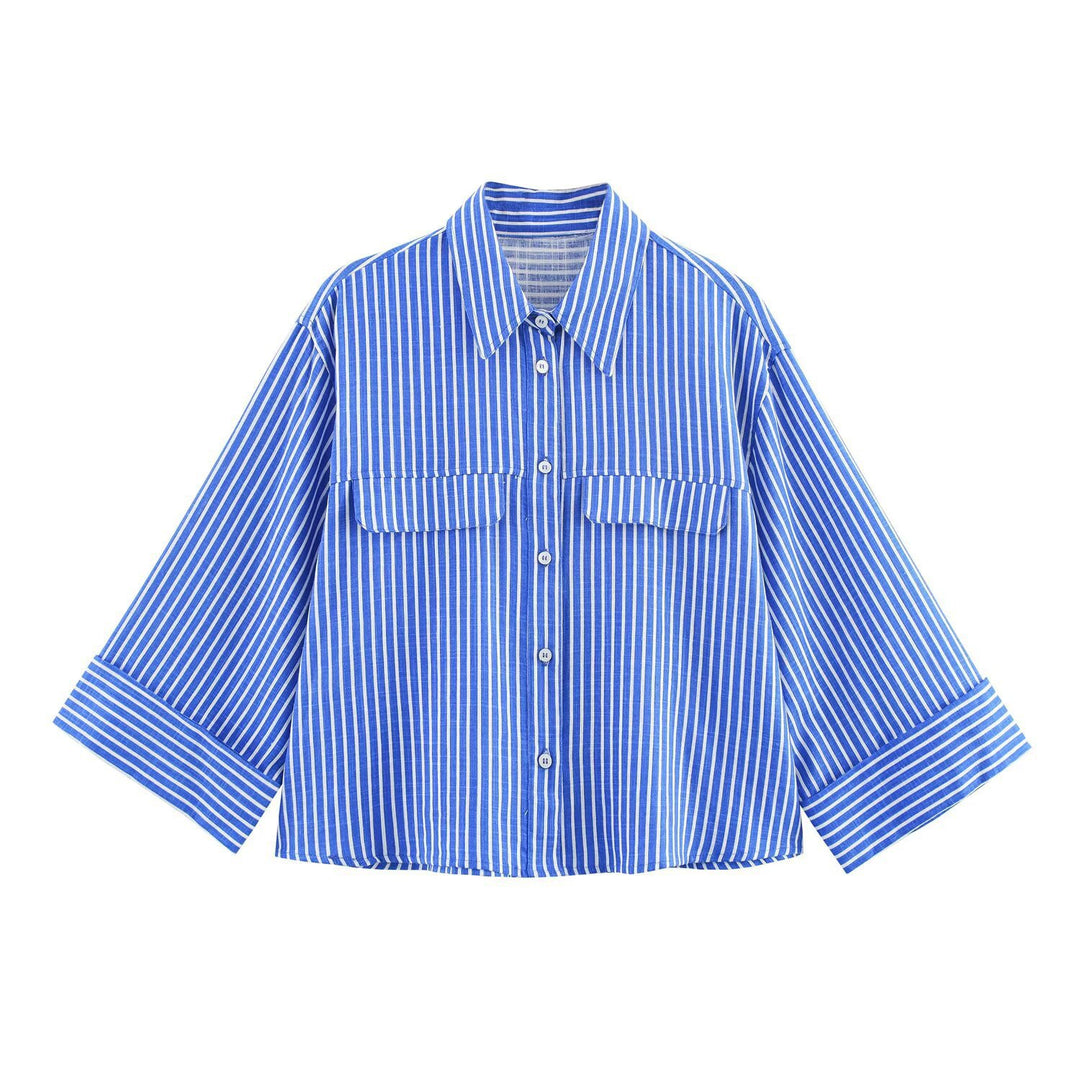 Damen gestreifte Bluse mit voluminösen Ärmeln und praktischen Taschen EB