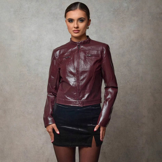 Damen Kurze Kunstlederjacke mit asymmetrischem Schnitt EB