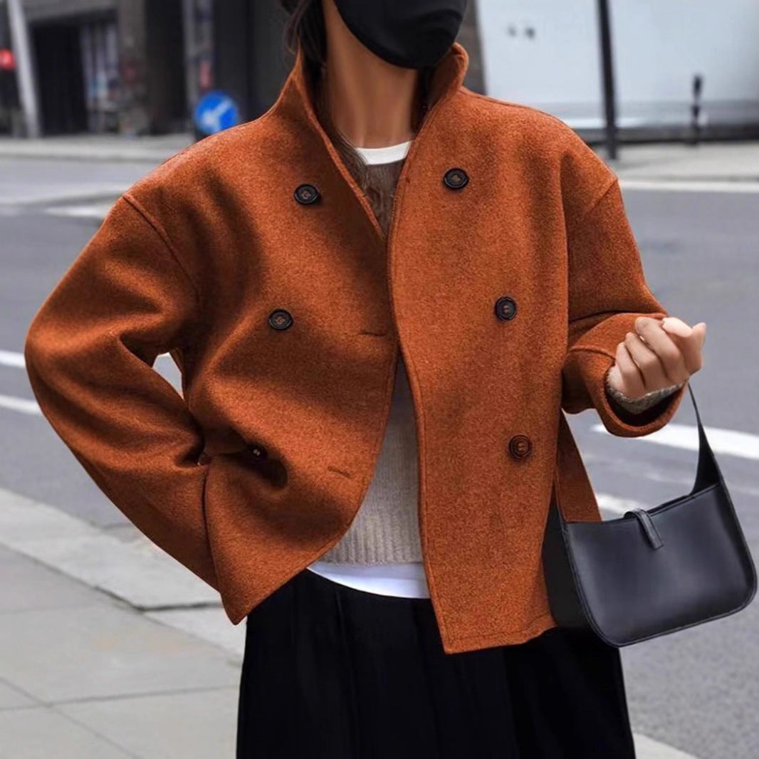 Damen modische Wolljacke mit doppelter Knopfleiste und hohen Kragen EB