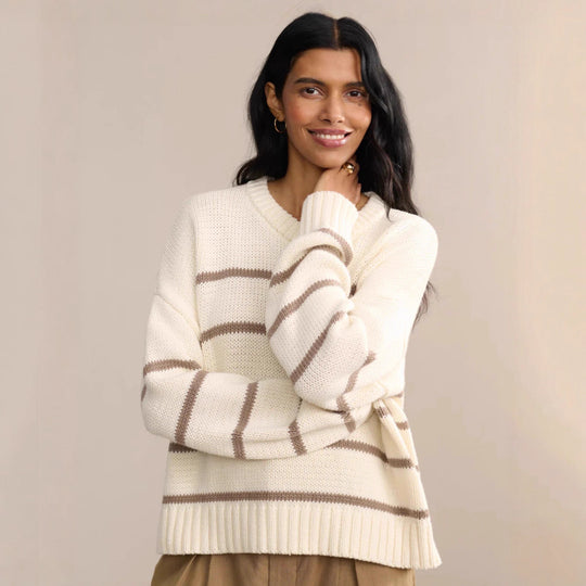 Damen gestrickter Pullover mit breitem Streifenmuster und lässigem Schnitt EB