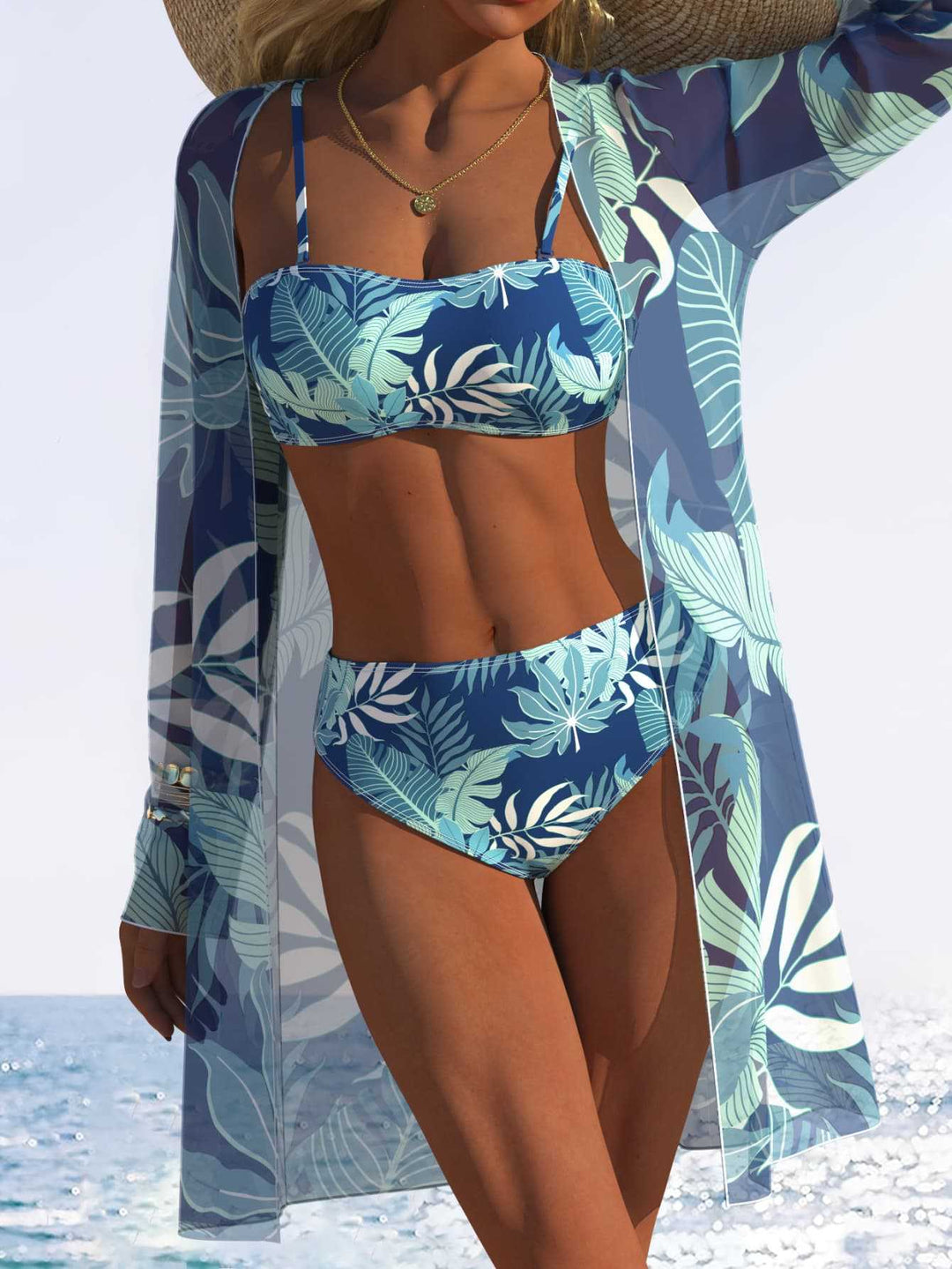 Damen Bikini-Set mit fließendem Strandüberwurf und tropischem Blattmuster EB