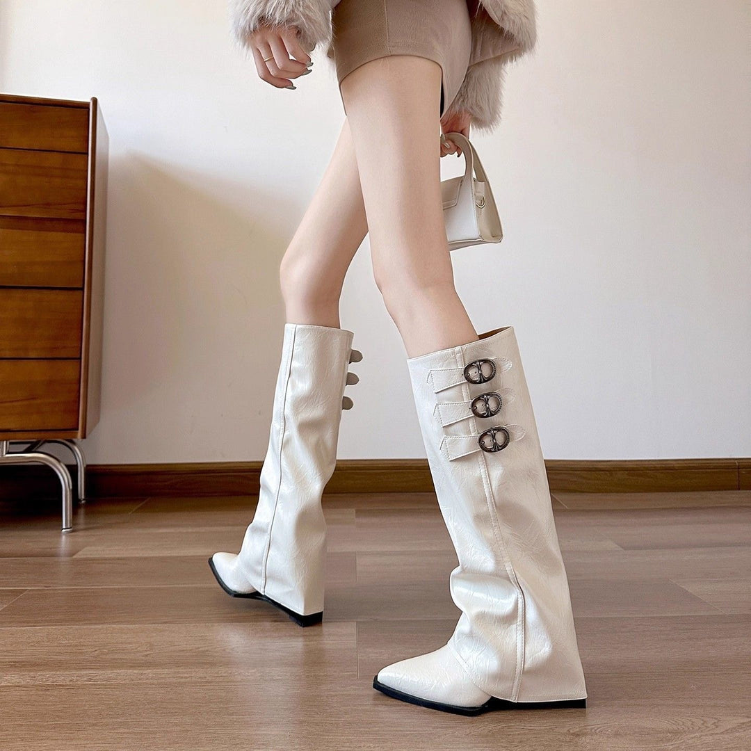 Damen Überknie Stiefel mit modischen Schnallen und hochwertigem Leder EB