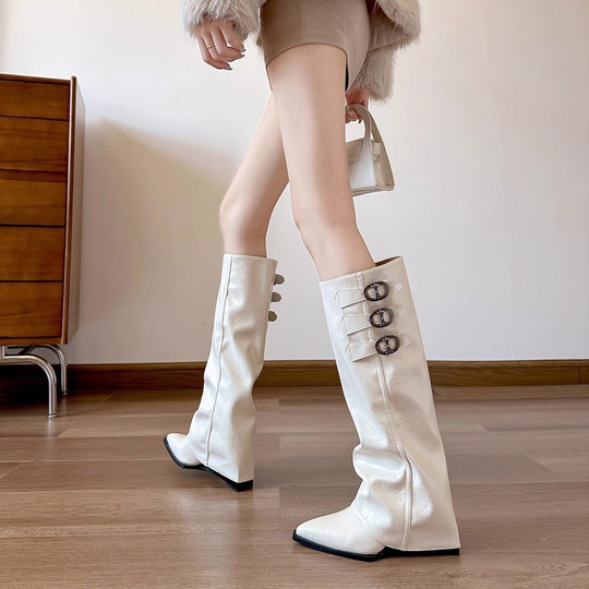 Damen Überknie Stiefel mit modischen Schnallen und hochwertigem Leder EB