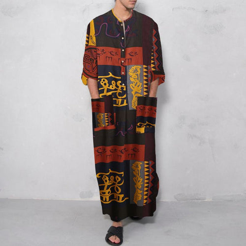 Damen nan Ethno-Maxikleid mit Stehkragen, kurzer Knopfleiste, überschnittenen Ärmeln und A-Linien-Schnitt EB