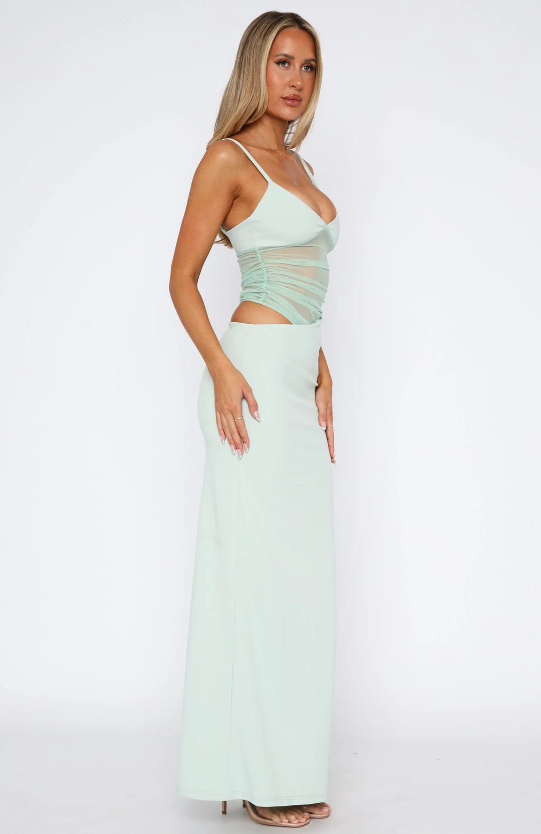 Damen Elegantes Stretch-Maxikleid mit transparenten Einsätzen und spaghetti Trägern EB