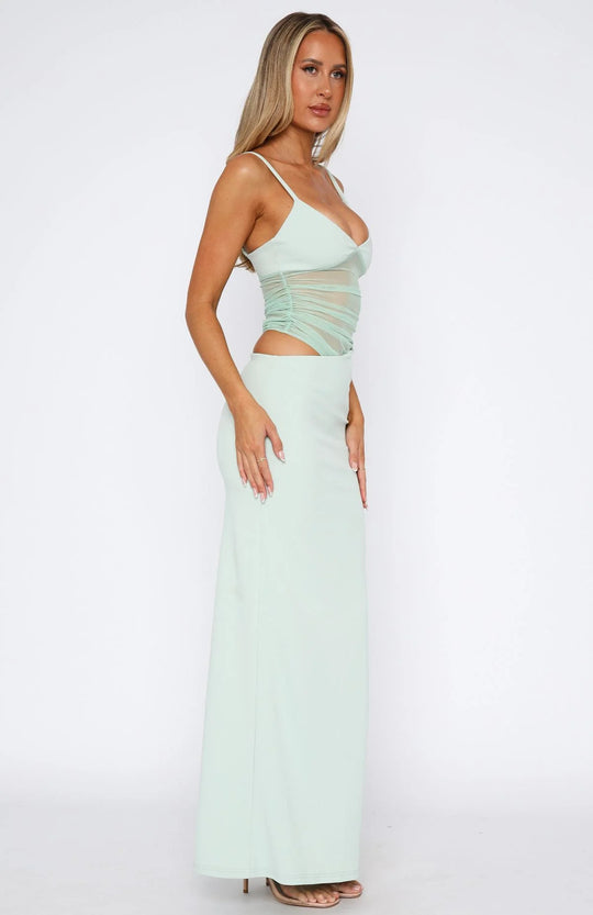 Damen Elegantes Stretch-Maxikleid mit transparenten Einsätzen und spaghetti Trägern EB
