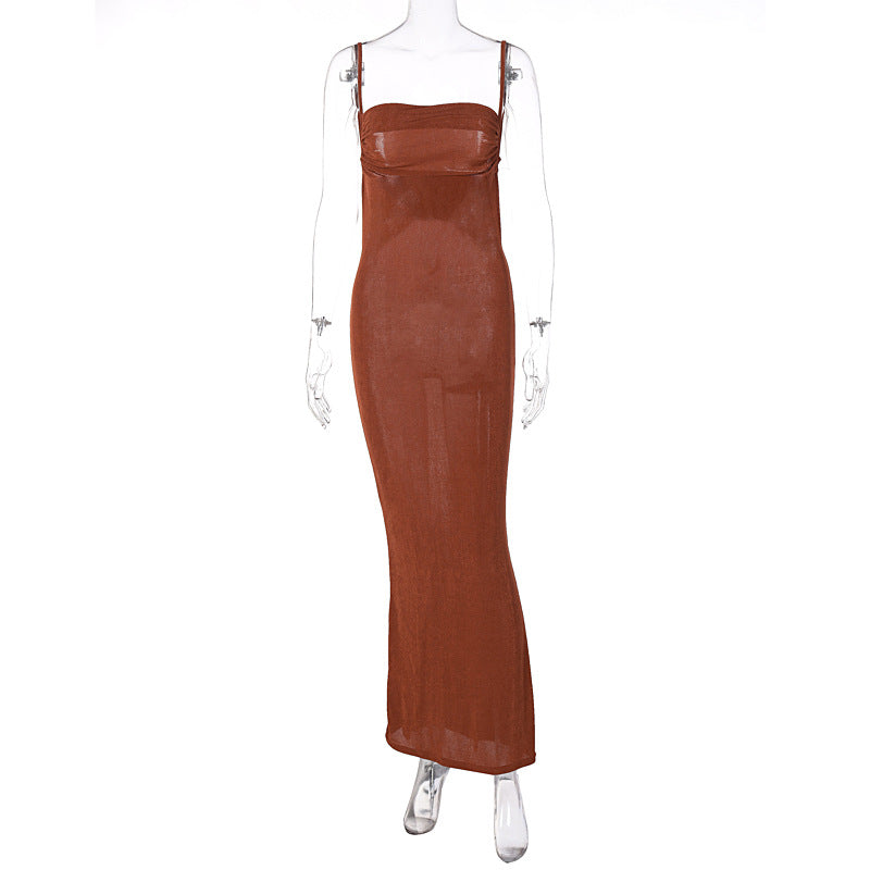 Damen Stilvolles Trägerkleid mit elastischem Netzstoff EB