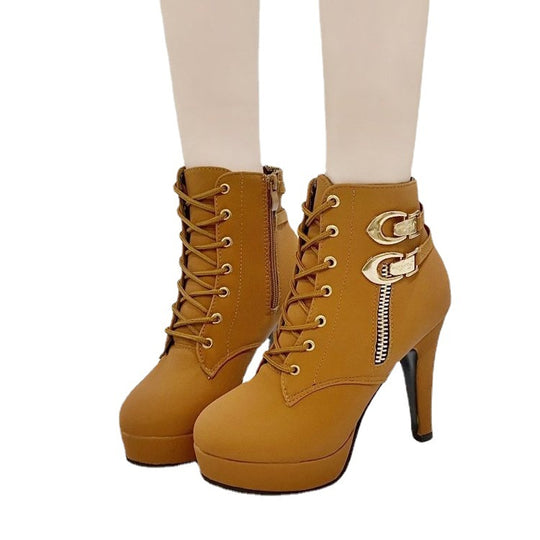 Damen Fashionable High-Heel Stiefeletten mit Dekorativen Schnallen und Reißverschluss EB