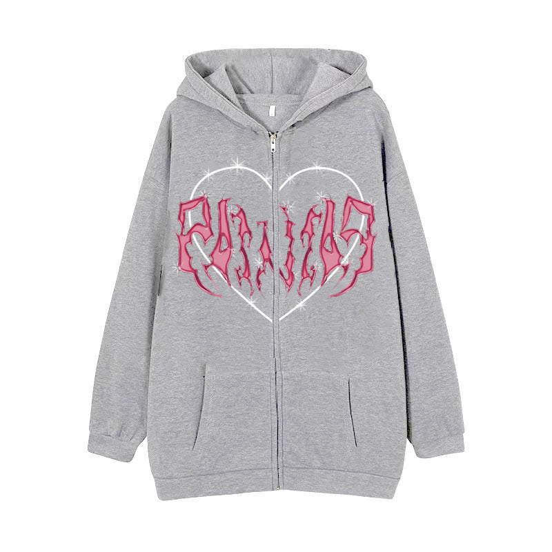 Damen nan Kapuzenjacke mit durchgehendem Reißverschluss und Rippenherz-Print EB