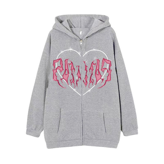 Damen nan Kapuzenjacke mit durchgehendem Reißverschluss und Rippenherz-Print EB
