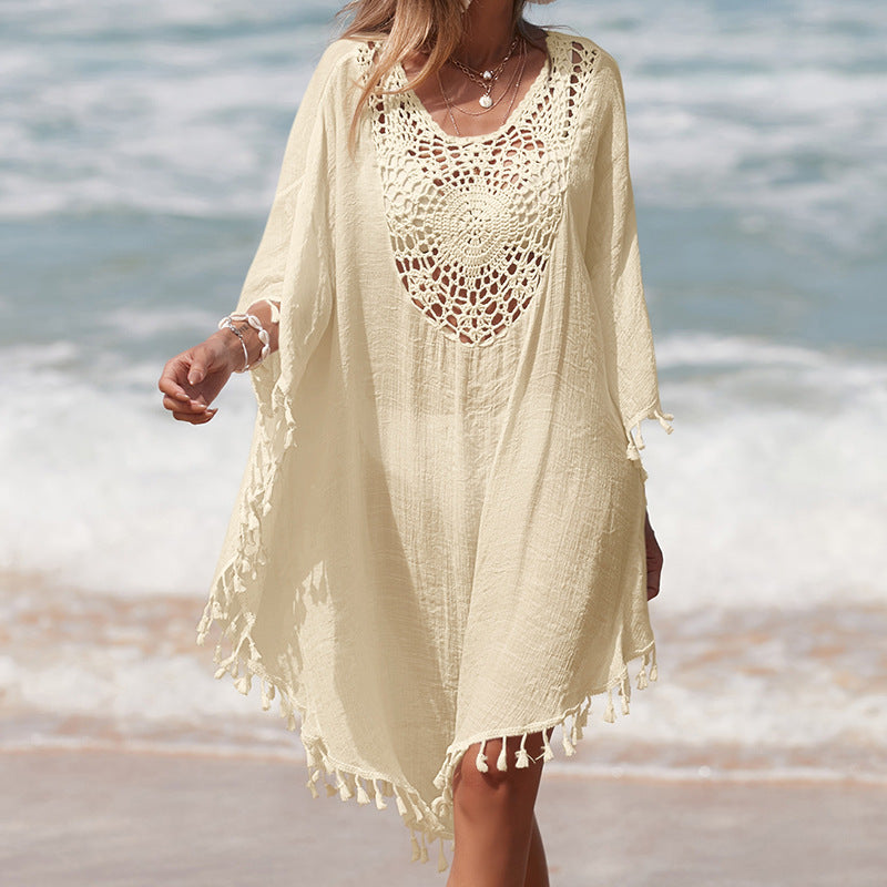Damen Häkel-Strandüberwurf mit fransigem Saum und elegantem Lochmuster EB