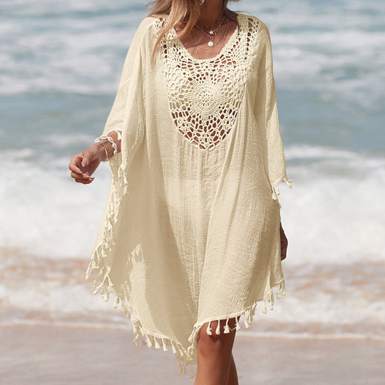 Damen Häkel-Strandüberwurf mit fransigem Saum und elegantem Lochmuster EB