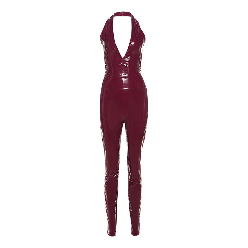 Damen Figurbetontes Latexdress mit tiefem V-Ausschnitt und Rückenschnürung EB