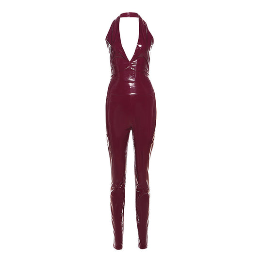Damen Figurbetontes Latexdress mit tiefem V-Ausschnitt und Rückenschnürung EB