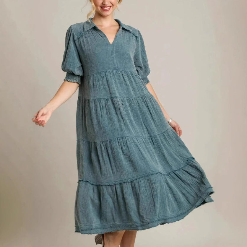 Damen lässiges Maxikleid mit V-Ausschnitt und volumetrischen Ärmeln EB