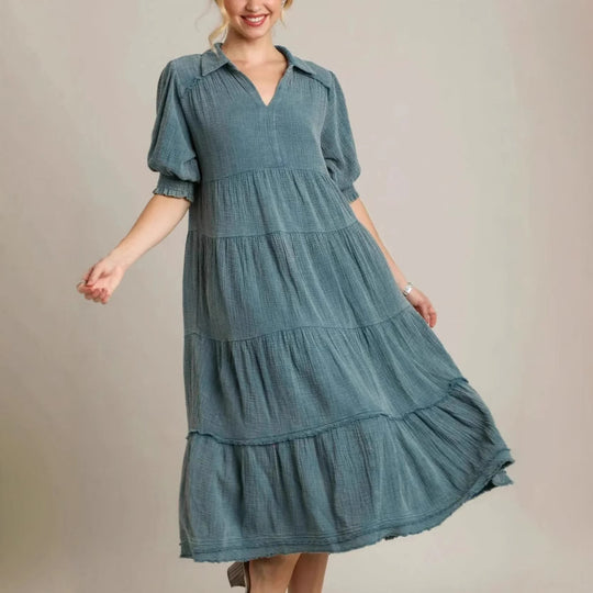 Damen lässiges Maxikleid mit V-Ausschnitt und volumetrischen Ärmeln EB