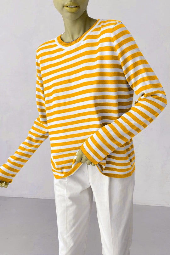Damen nan gestreifter Baumwollpullover mit Rundhals und legerer Passform EB