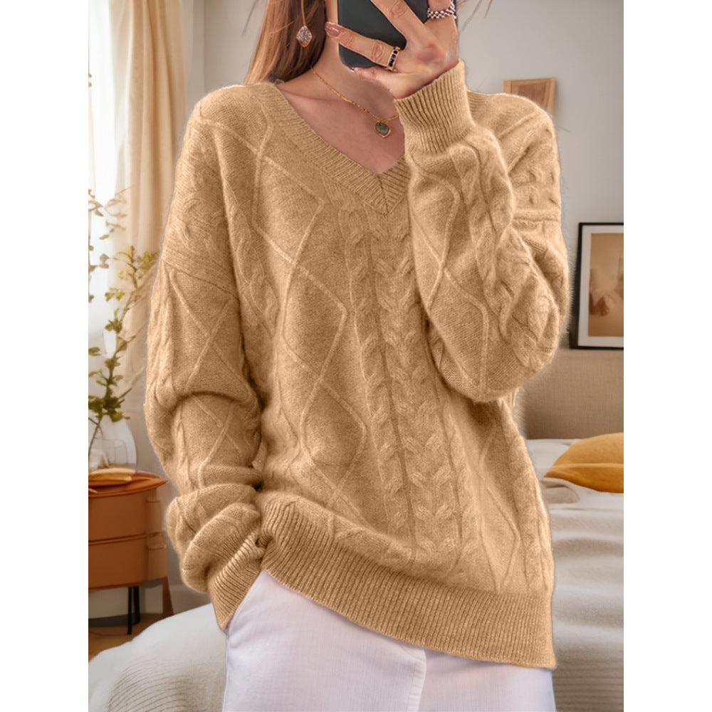 Damen nan kuscheliger V-Ausschnitt Zopfmuster-Pullover mit Oversize-Schnitt und Rippabschlüssen EB