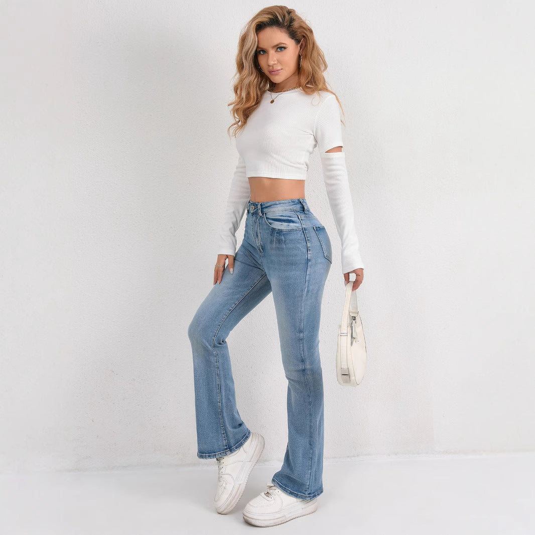 Damen Flared Jeans mit hohem Bund und modischen Abnähern EB