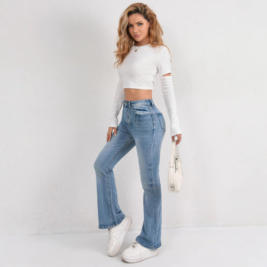 Damen Flared Jeans mit hohem Bund und modischen Abnähern EB
