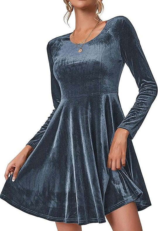 Damen Elegantes A-Linien Kleid aus Samt mit langen Ärmeln EB