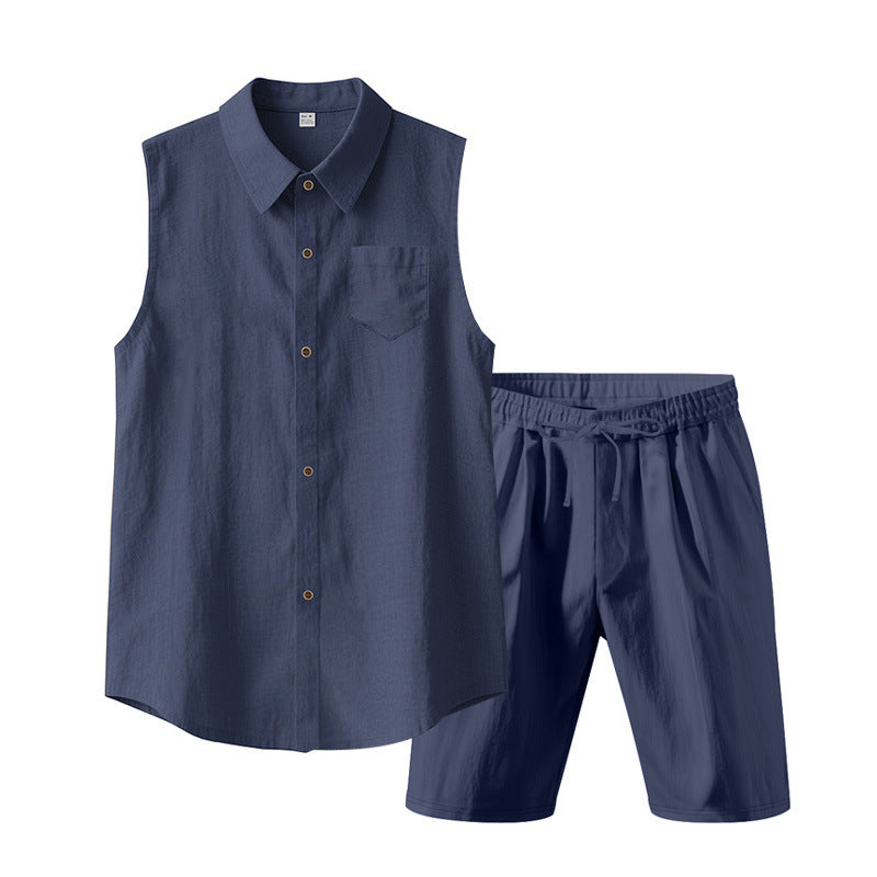 Herren nan ärmelloses Hemd- und Shorts-Set aus Baumwoll-Leinen mit Kentkragen und elastischem Tunnelzugbund EB