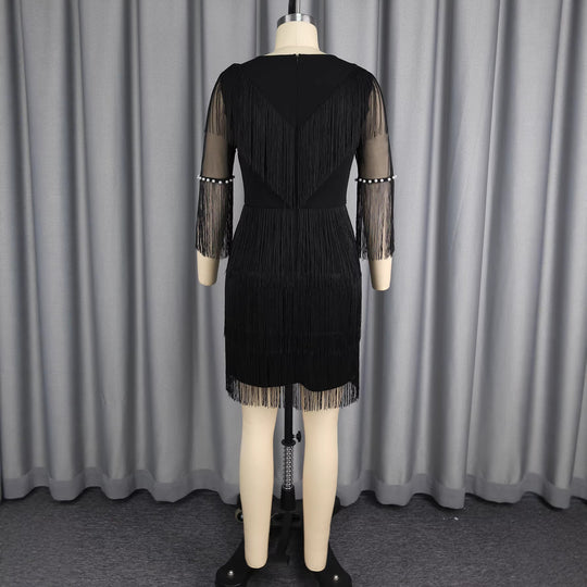 Damen Fransenkleid mit transparenten Ärmeln und Perlenakzenten EB
