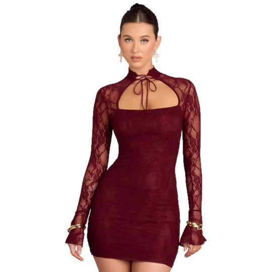 Damen Spitzenminikleid mit hohem Kragen und raffinierten Cut-Out-Details EB