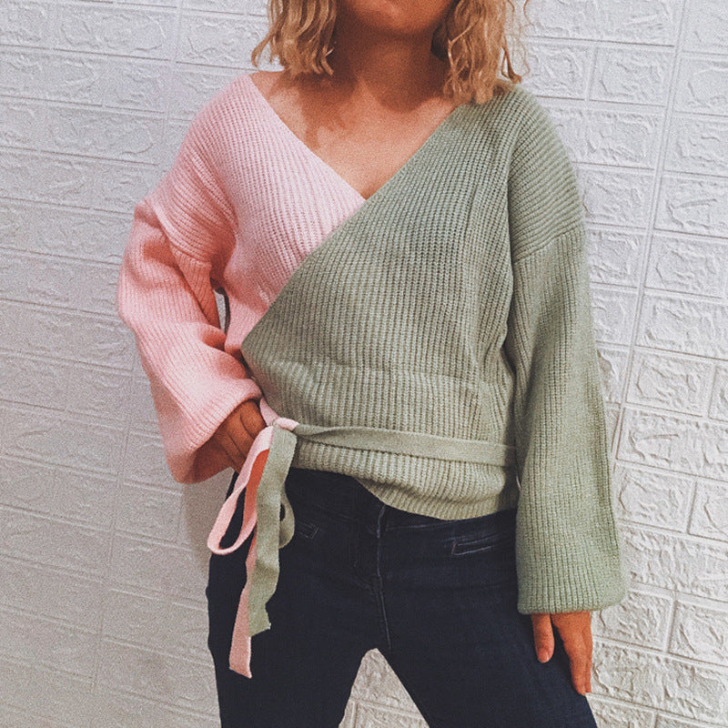 Damen Wickelpullover mit elegantem Rippdesign und modischen Bindebändern EB