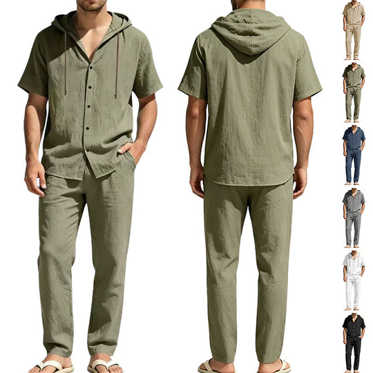 Herren nan luftiges Leinen-Lounge-Set mit kurzärmeligem Kapuzenhemd und gerader Relaxhose EB