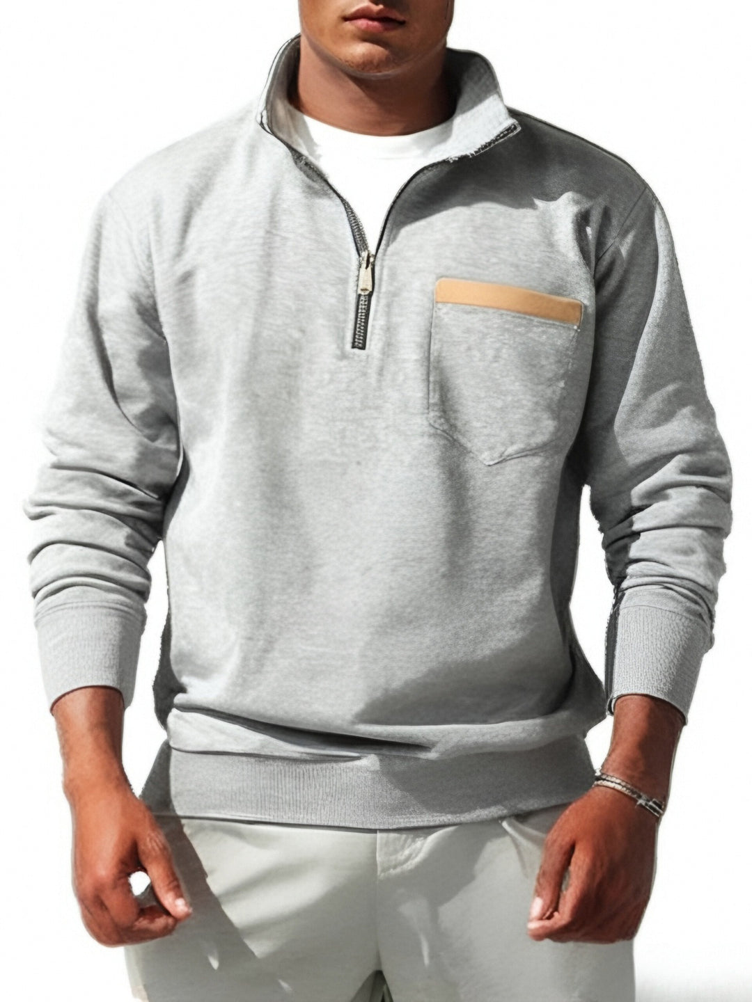 Herren nan feinstrukturiertes Halbzip-Feinstrickpullover mit Stehkragen, Brusttasche und schmaler Silhouette EB