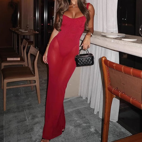 Damen Elegantes bodenlanges Kleid mit schmalen Spaghetti-Trägern und raffiniertem Schnitt EB