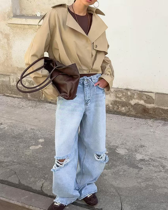 Damen Trendige Cropped Trenchjacke mit innovativen Ärmeln EB