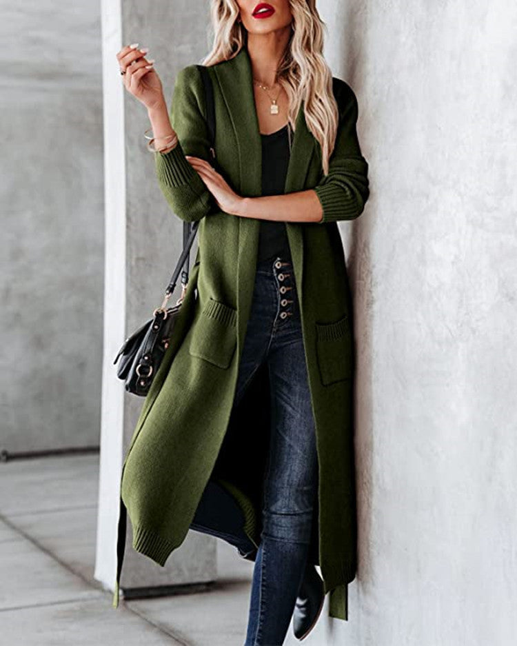 Damen Strickmantel mit praktischen Taschen und Gürtel EB