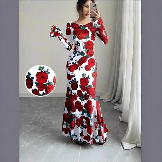 Damen nan eng anliegendes Maxikleid mit Meerjungfrauen-Schnitt, langen Glockenärmeln und Rüschensaum EB