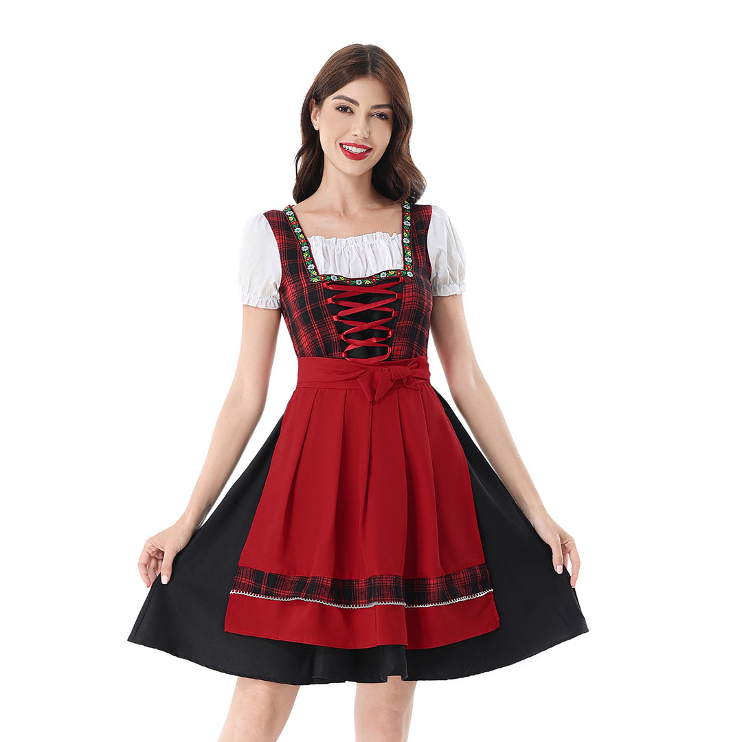Damen nan traditionelles Dirndlkleid mit kariertem Mieder, Schnürung, Puffärmeln und Schürze EB