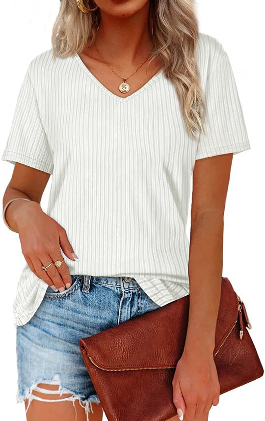 Damen Viskose T-Shirt mit feinem Rippstrickmuster und lässigem V-Ausschnitt EB