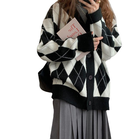 Damen lässige Strickjacke mit Rautenmuster und großen Knöpfen EB