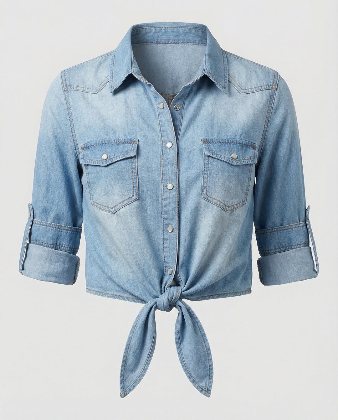 Damen taillierte Kurzjacke aus Denim mit kurzen Ärmeln Brusttaschen und Metallknöpfen EB