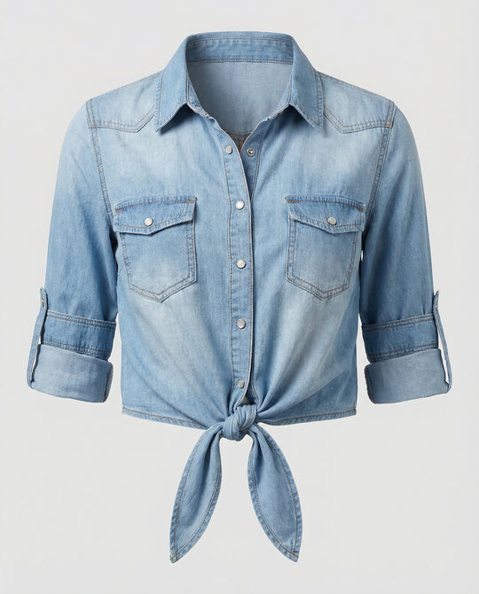 Damen taillierte Kurzjacke aus Denim mit kurzen Ärmeln Brusttaschen und Metallknöpfen EB