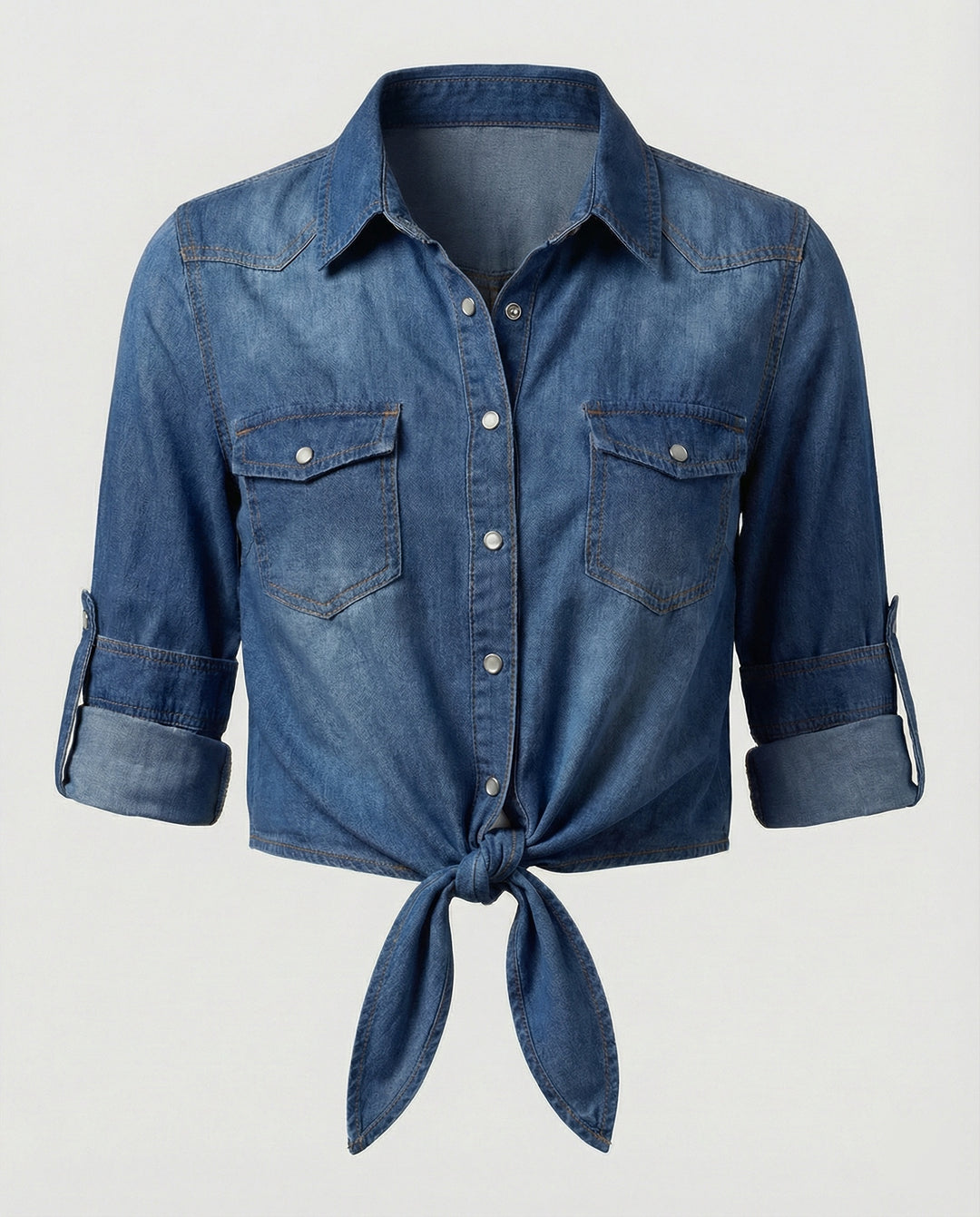 Damen taillierte Kurzjacke aus Denim mit kurzen Ärmeln Brusttaschen und Metallknöpfen EB
