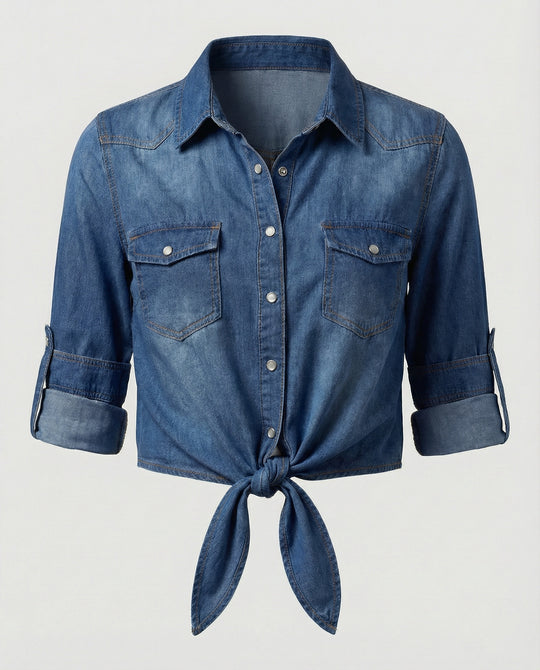Damen taillierte Kurzjacke aus Denim mit kurzen Ärmeln Brusttaschen und Metallknöpfen EB
