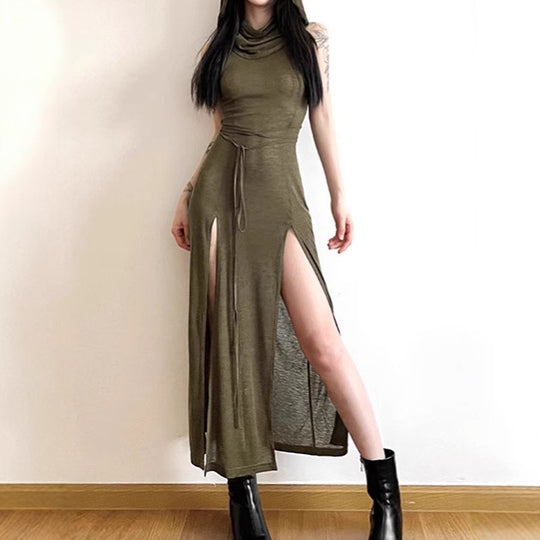 Damen Elegantes Maxikleid mit hohem Schlitz und Kapuze EB