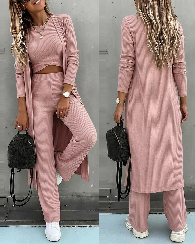 Damen Dreiteiliges Rippstrick-Loungewear-Set mit Longcardigan, bauchfreiem Top und weiter Palazzohose EB