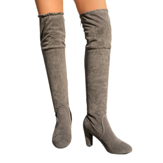 Damen Overknee-Stiefel mit geschwungenem Blockabsatz und weichem Veloursimitat EB