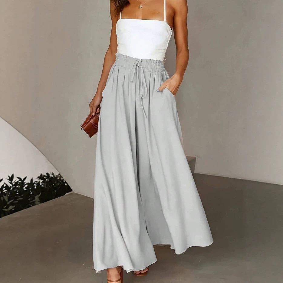 Damen nan fließende Palazzo-Hose mit Paperbag-Taille und tiefen Eingrifftaschen EB