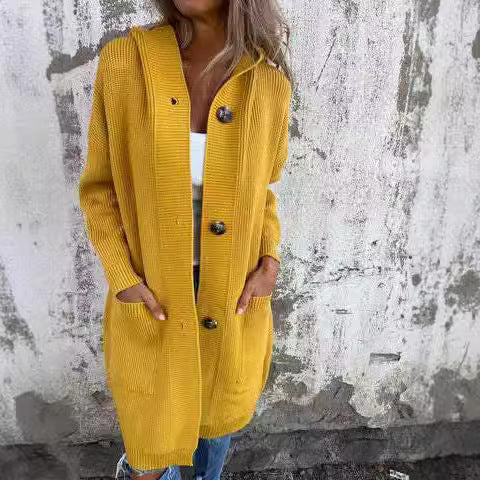 Damen Lange Strickjacke mit hochwertiger Rippstruktur und eleganten Knöpfen EB