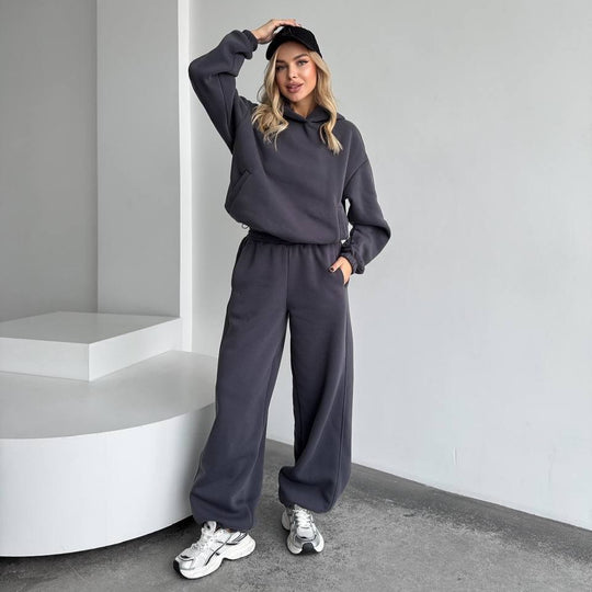 Damen Oversize Loungewear-Set aus schwerem Sweat mit Kapuzenpullover und weitem hochgeschnittenem Jogger EB