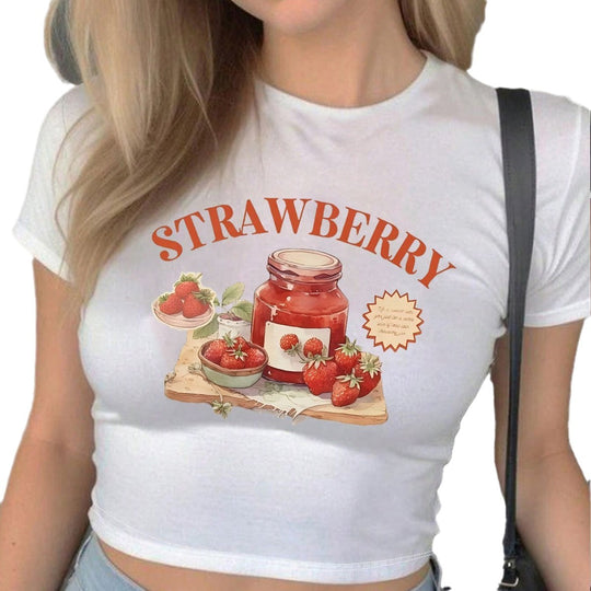 Damen Crop-Top mit kreativem Erdbeer-Design und figurbetontem Schnitt EB